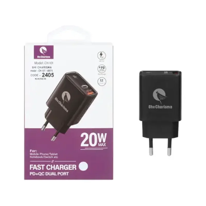 شارژر دیواری 20 وات فست شارژر PD دو پورت شی کاریزما مدل CH-101